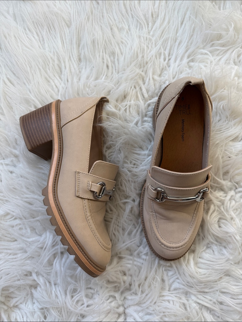 Time and Tru Neutral Beige Block Heel Loafers with Metal Bit